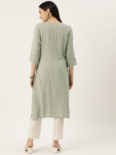 Women Geometric Yoke Design Embroidered Thread Work Kurta - RueCollections